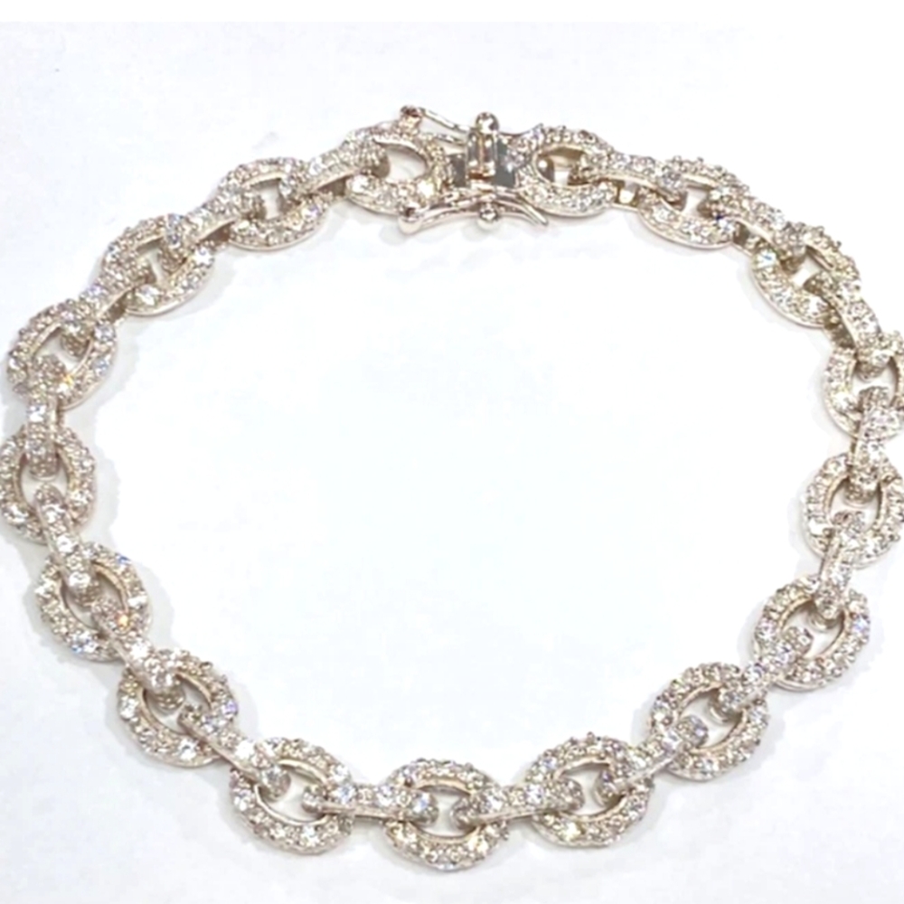 Vintage  FAS Sterling 925 CZ Encrusted Chunky Elegant Silver Chain Bracelet